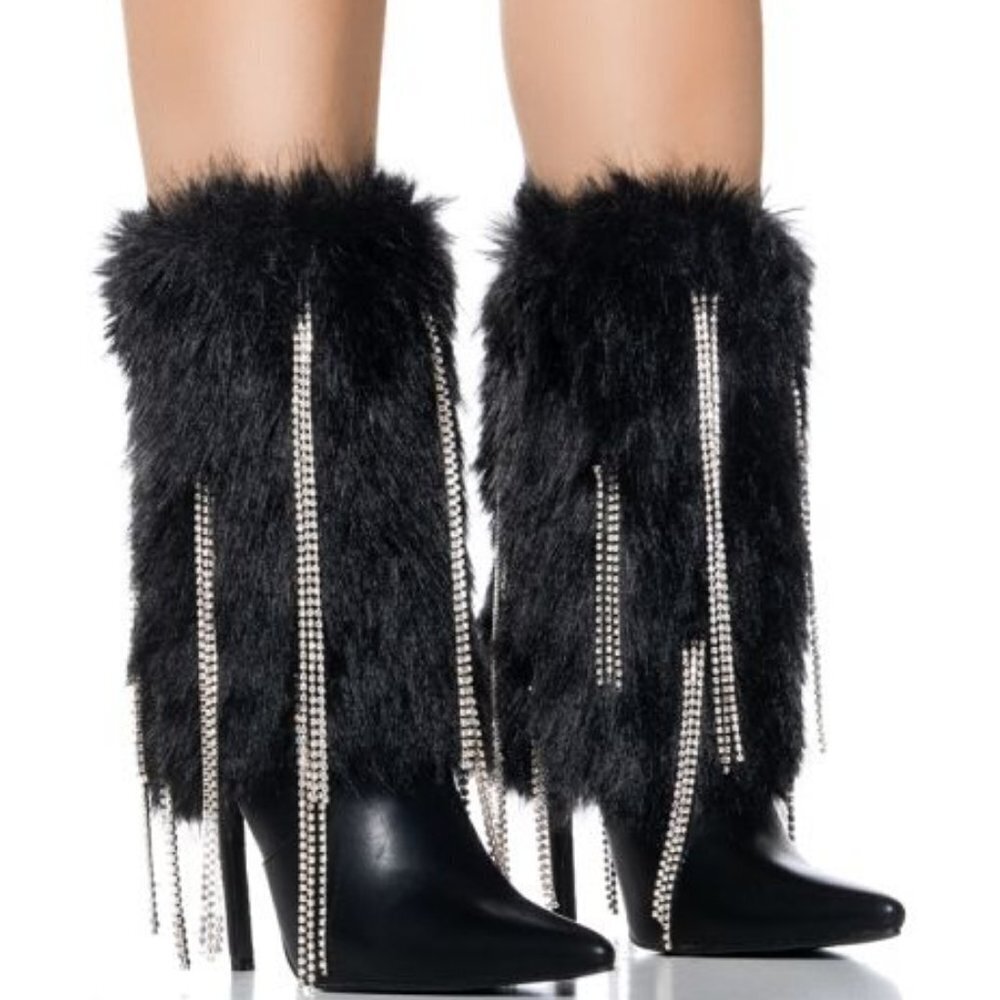 AZALEA WANG "DRENCHED DRIPP" BLACK FURRY BOOTIE W/ DIAMOND DRIP DETAIL(BRAND NEW
